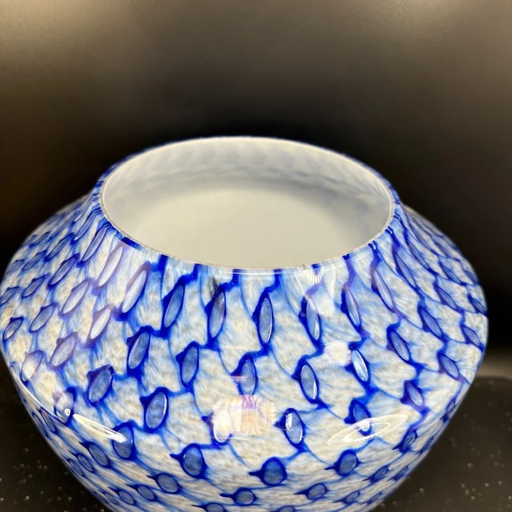 Positano Italy Blue White Art Glass Vase 9 Inch Tapered Honeycomb Pattern Vessel